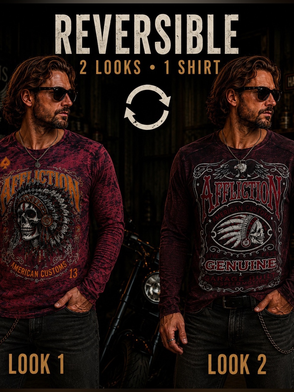 Affliction Men’s XL Reversible Thermal Shirt Skull Eagle Graphic Burgundy